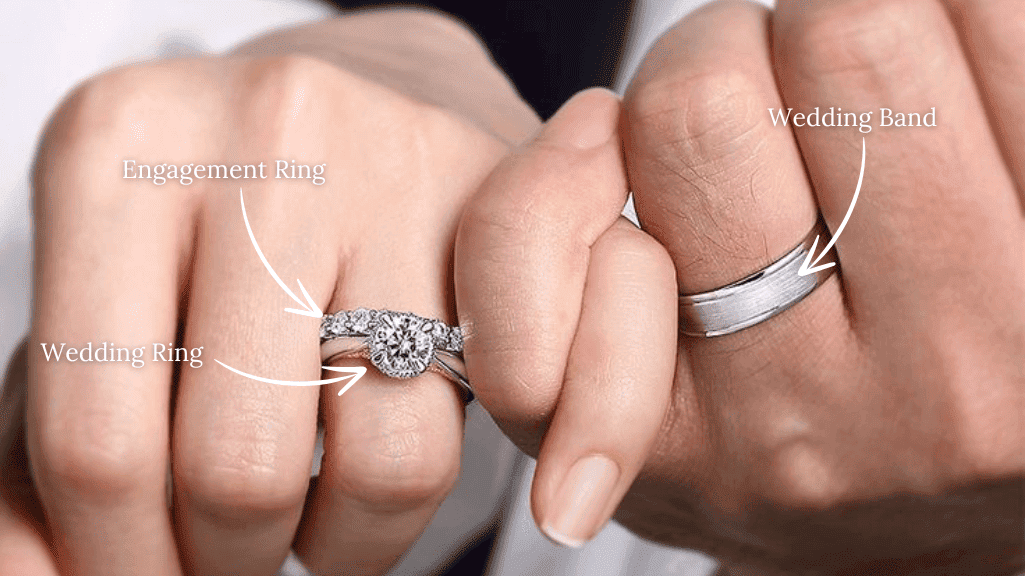 Engagement ring, wedding ring and wedding band