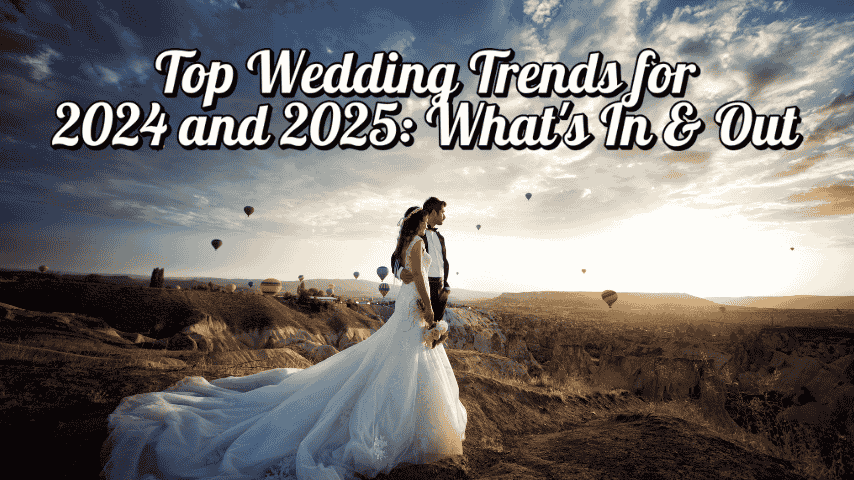 A Beautiful Scenery of Bride and Groom at the top of a Mountain with Hot Air Balloons