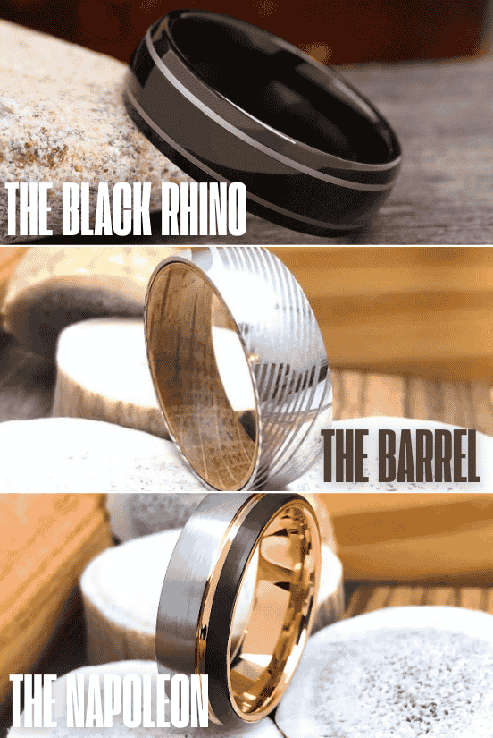 A collection of three unique wedding bands, including "The Black Rhino," "The Barrel," and "The Napoleon".