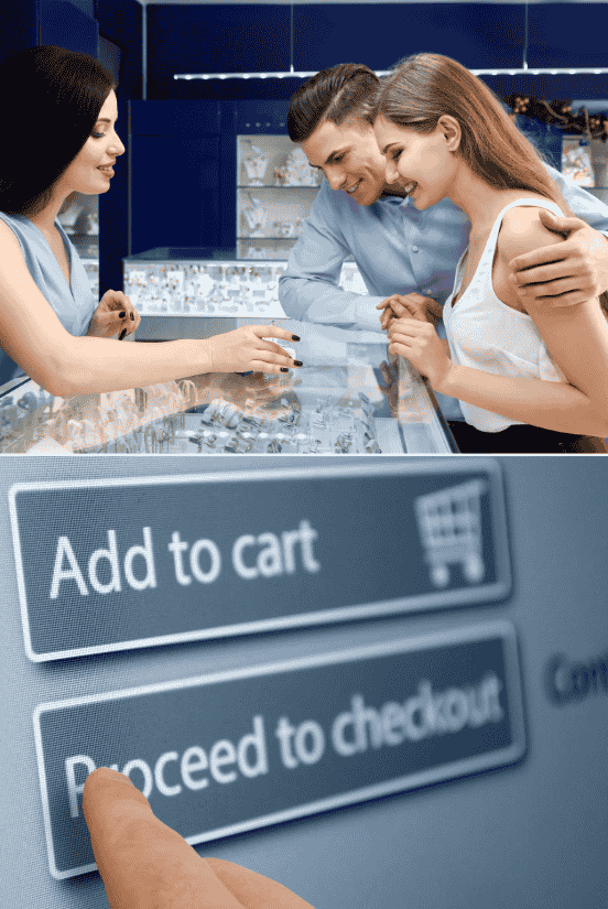 A couple consulting with a jeweler, with an online checkout button below.