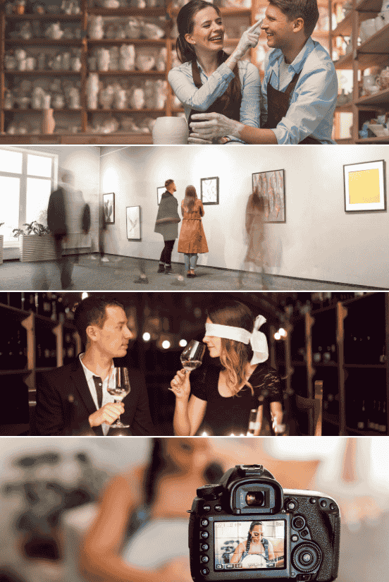 A couple playfully painting each other in a pottery class.
Visitors admiring artwork in an art gallery.
A blindfolded woman enjoying a wine tasting date.
A camera capturing a woman creating content.