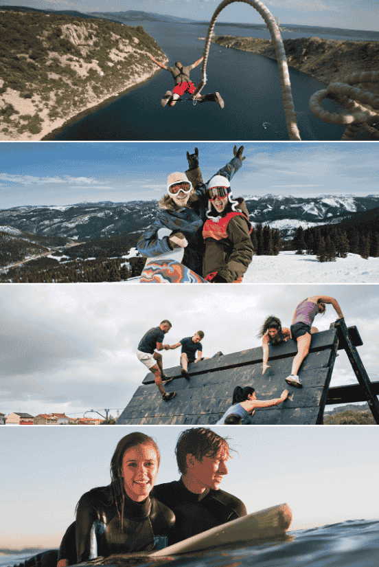 A person bungee jumping over a scenic landscape. Friends posing excitedly at a snowy ski resort. A group participating in an outdoor obstacle course challenge. A couple smiling while surfing together in the ocean.