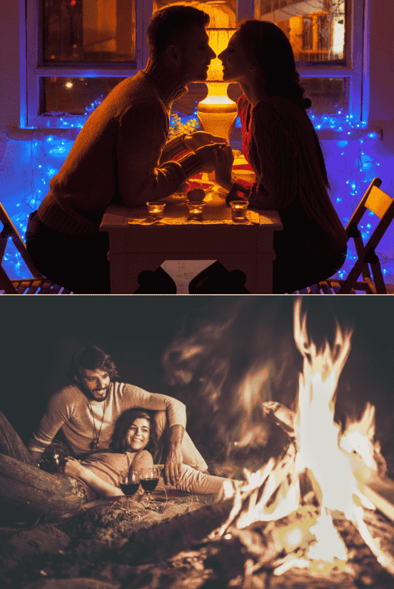 A romantic candlelit dinner date at home. A couple cuddling by a warm bonfire at night.