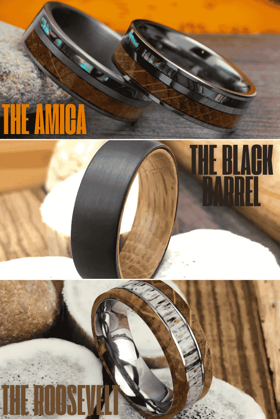 A trio of whiskey barrel wedding bands, including "The Amica," "The Black Barrel," and "The Roosevelt".