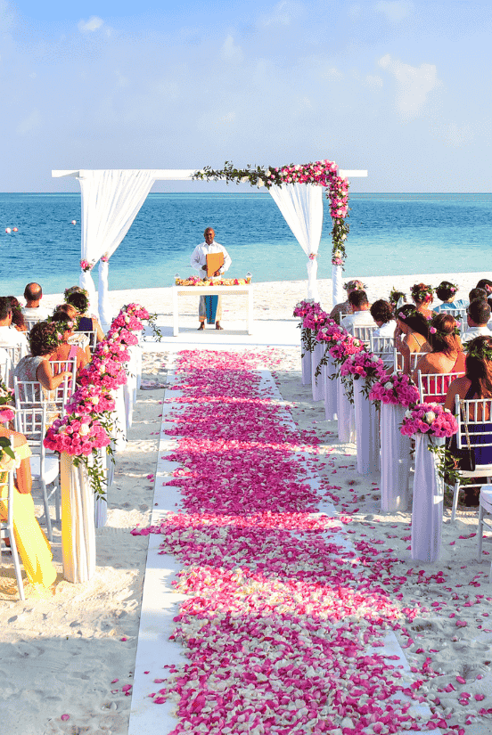 Beautiful beach wedding ceremony setup with pink rose petals and ocean view.