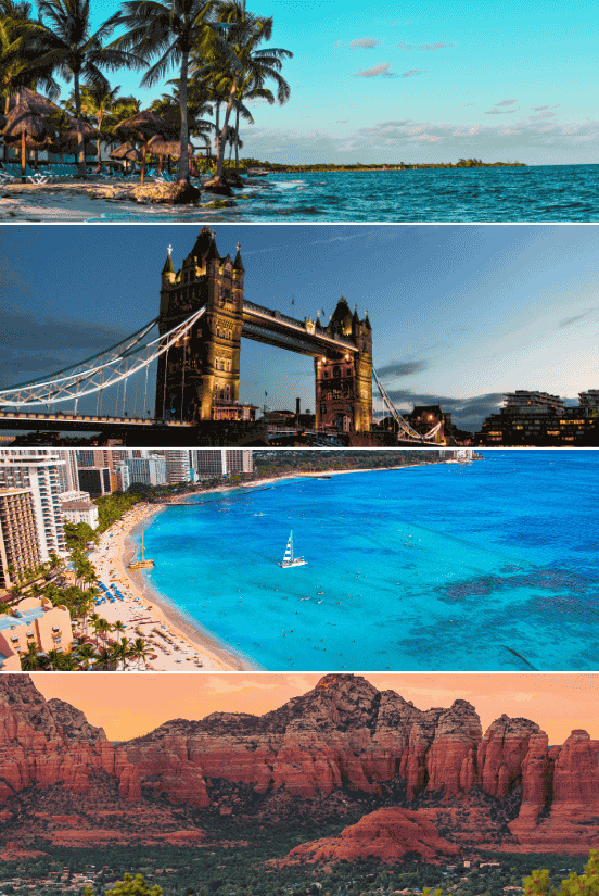 Collage of top destination wedding locations, including beaches, cities, and deserts.