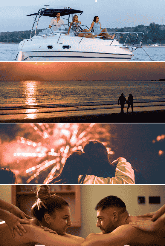 Friends relaxing on a yacht during sunset.
A couple walking along the beach at sunset.
A couple watching fireworks together at night.
A couple enjoying a romantic couples massage.