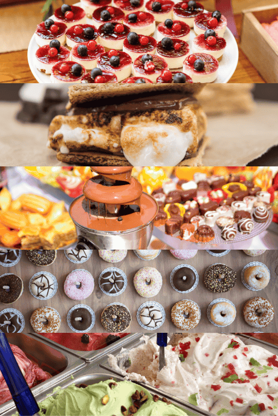 Mini Cheesecakes, S’mores Bar, Chocolate Fountain, Doughnut Wall, and Ice Cream Sandwich Station.