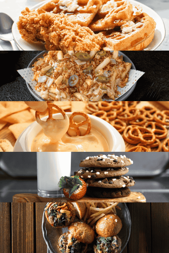 Mini Chicken & Waffles, Loaded Fries, Soft Pretzel Station, Milk & Cookies, and Sliders & Fries.