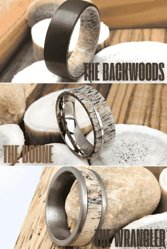 Three nature-inspired rings—"The Backwoods," "The Boone," and "The Wrangler".