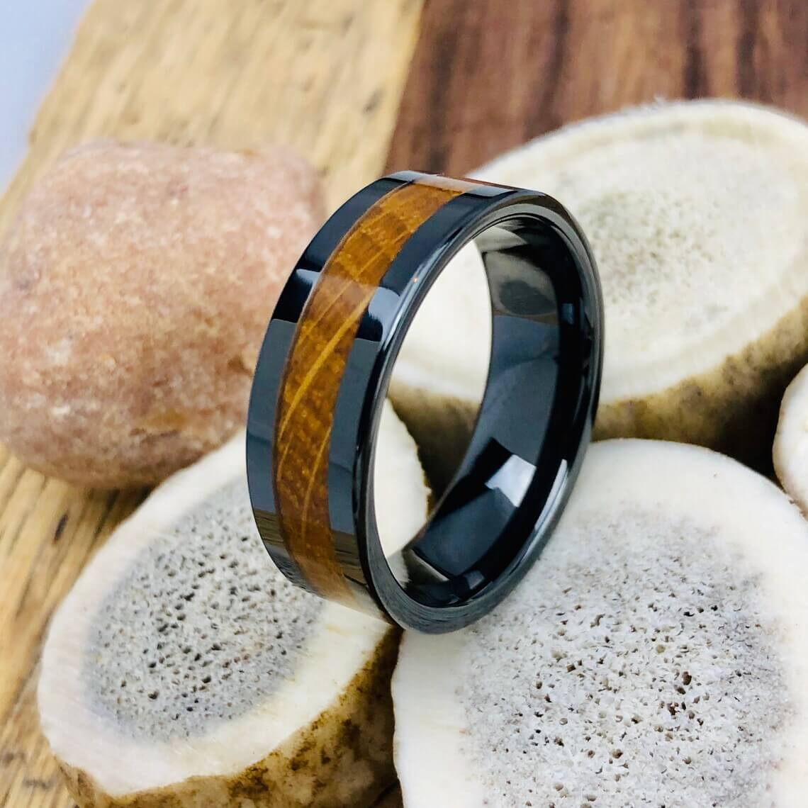 Black Ceramic Whiskey Barrel Wedding Band