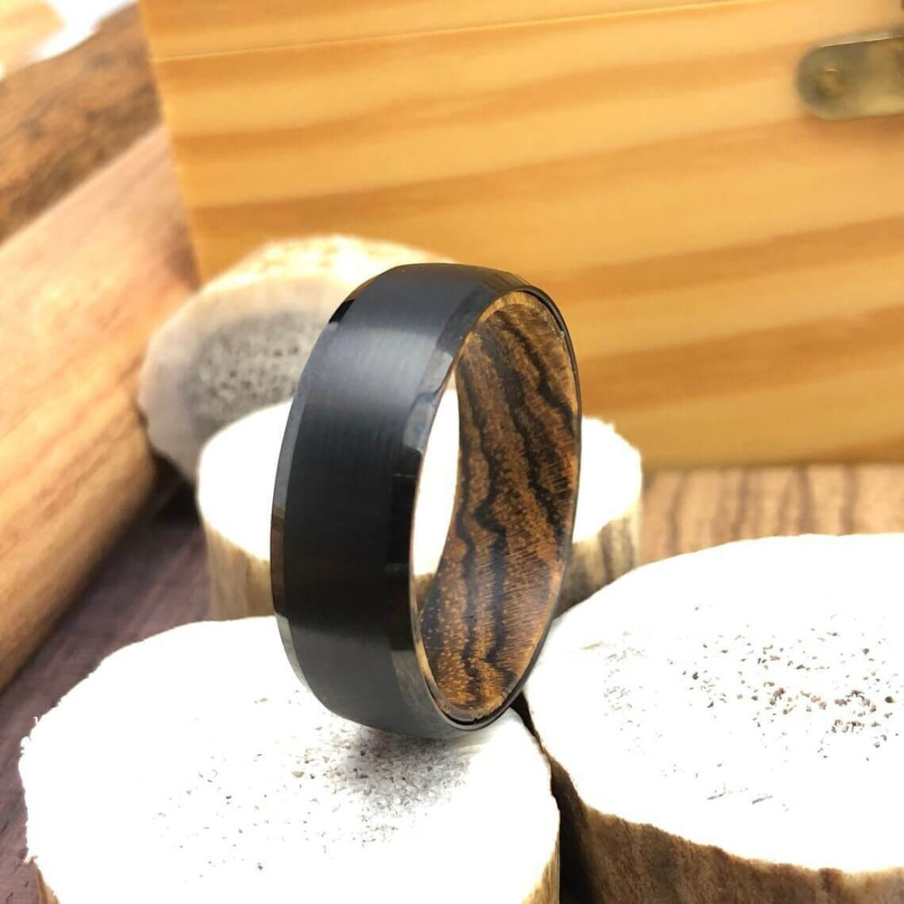 Black tungsten carbide bacote wood wedding band