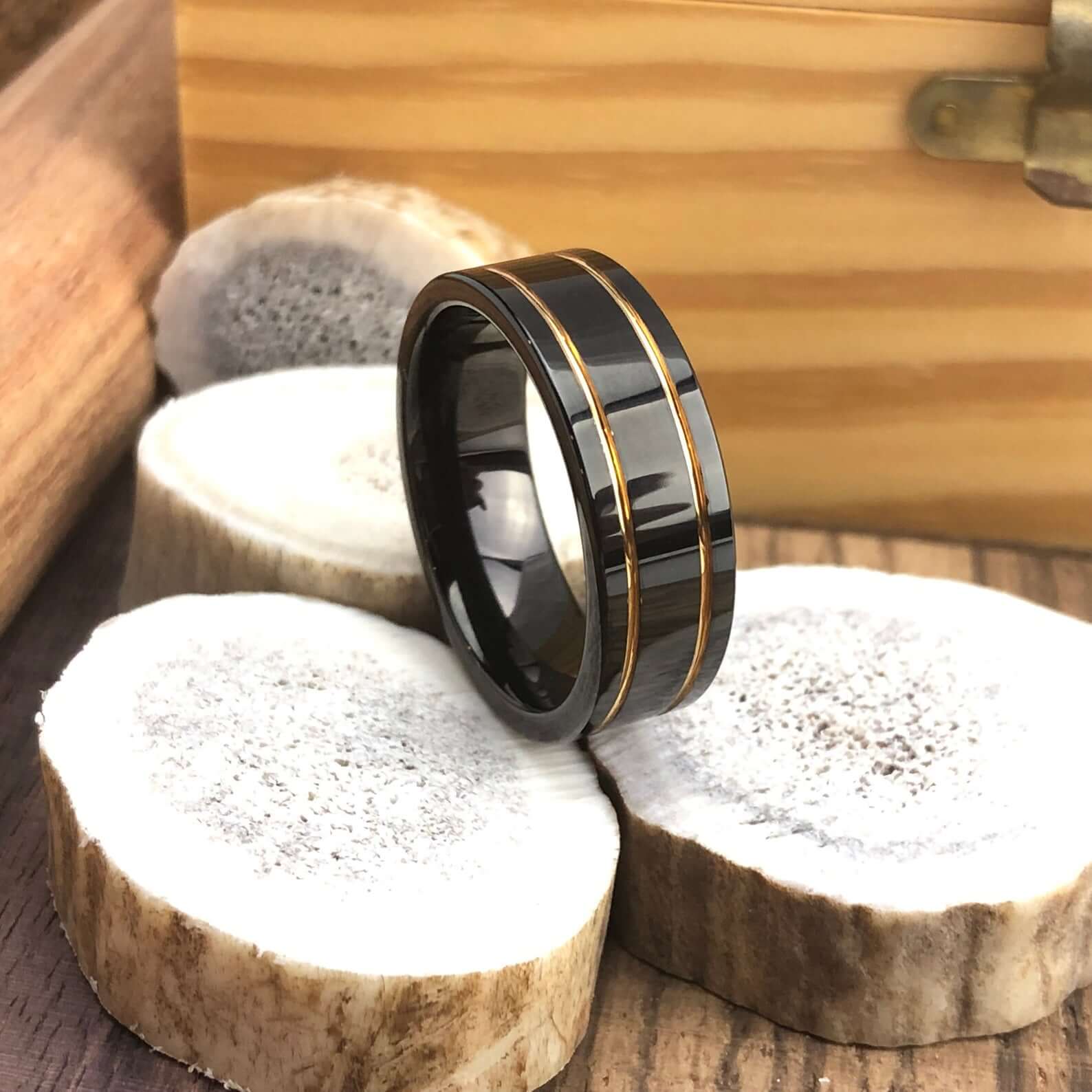 Black Tungsten Carbide Rose Gold Wedding Band