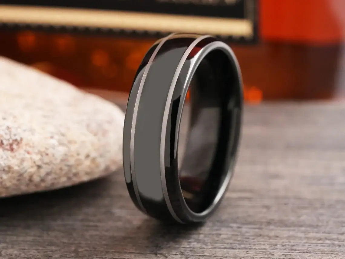 Black Tungsten Carbide Silver Strips Wedding Band