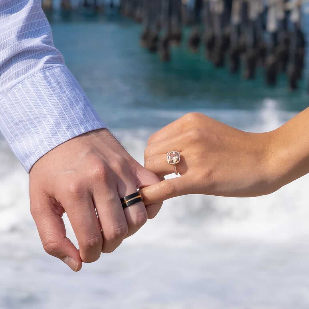 Black Tungsten With Gold Inlay Wedding Ring and an Engagement Ring