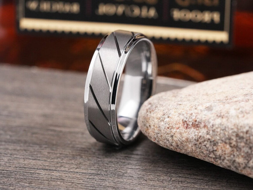 Brushed Grooved Tungsten Carbide Wedding Band