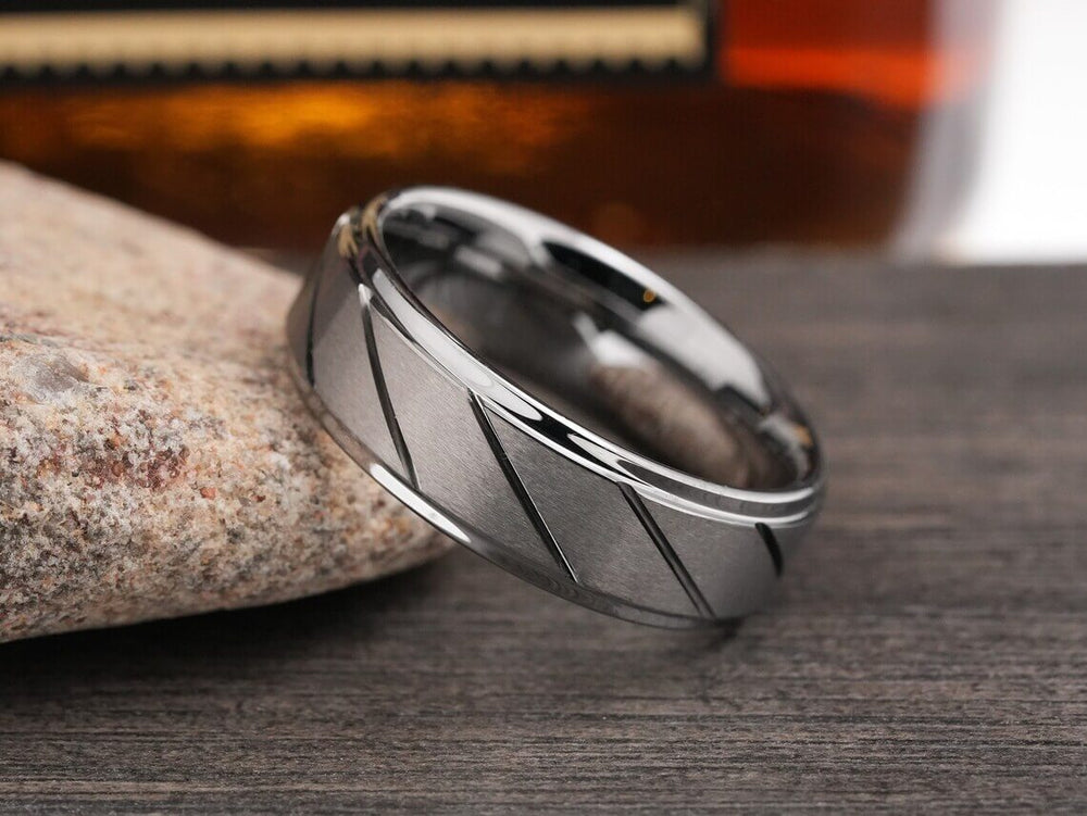 Brushed Grooved Tungsten Wedding Band