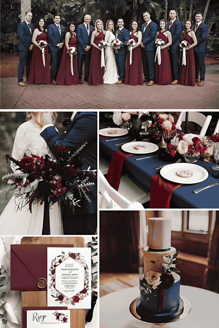 Burgundy and dark blue wedding theme in 2023.