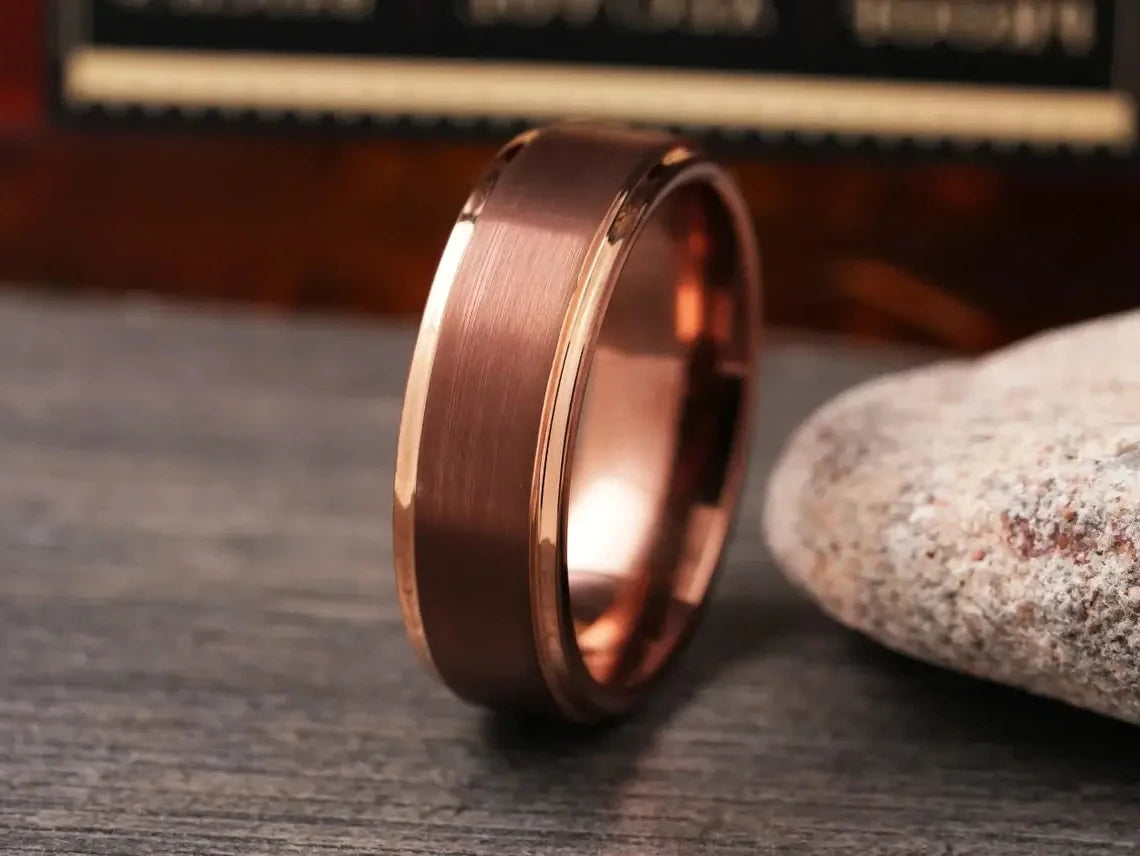 Coffee Rose Gold Tungsten Wedding Band