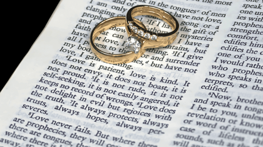 Couple Wedding Rings Placed in Bible Verse