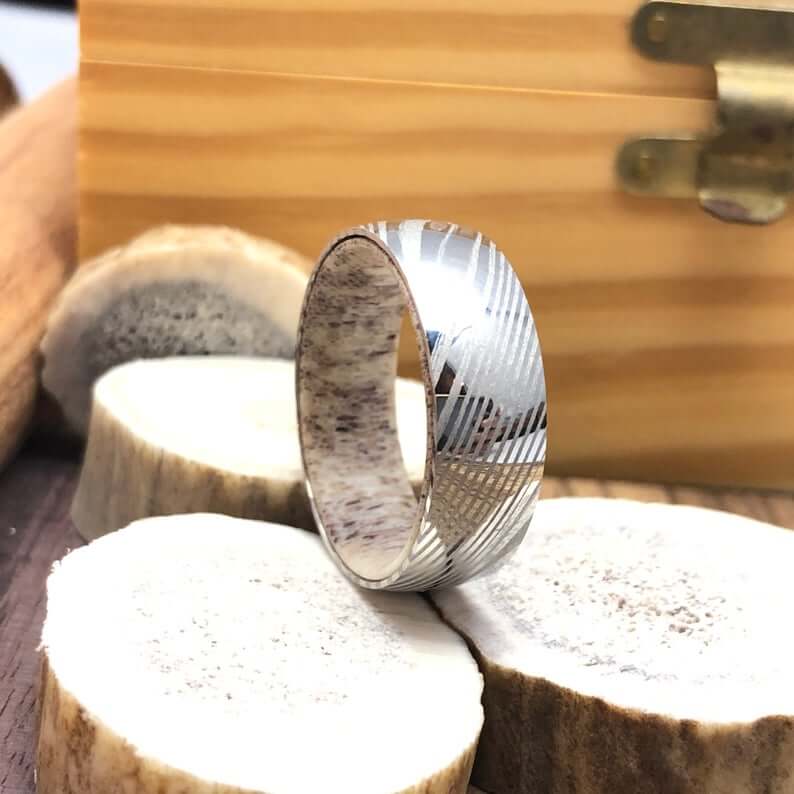 Damascus Steel Antler Wedding Band