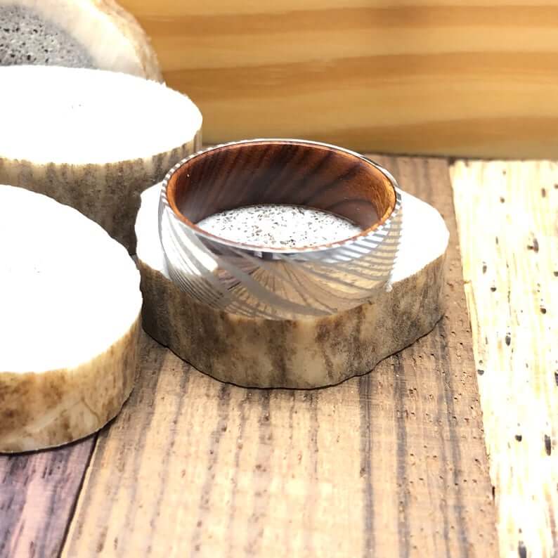 Damascus Steel Ironwood Inlay Wedding Band