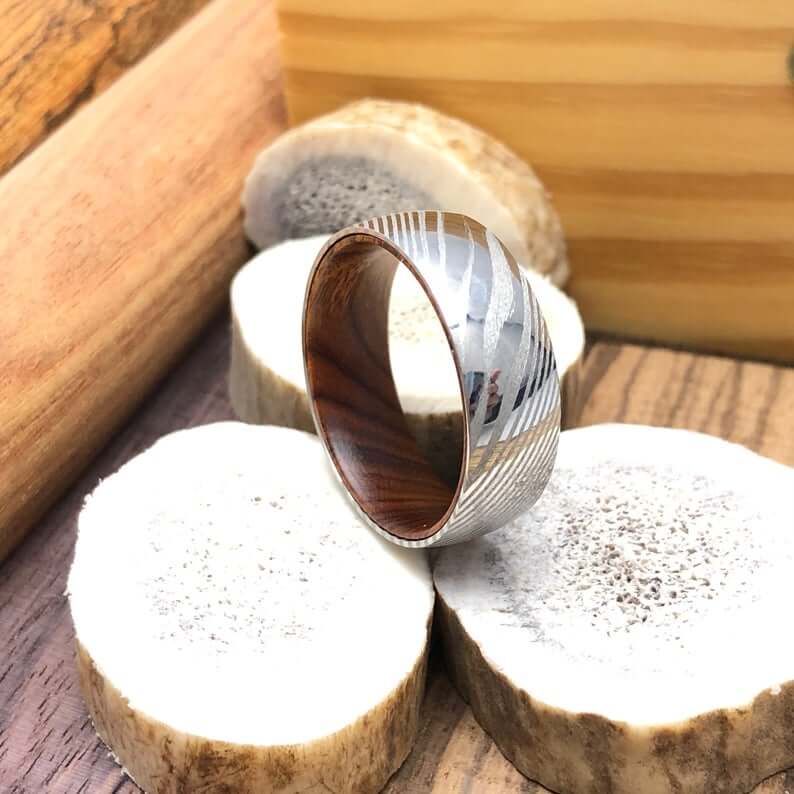 Damascus Steel Ironwood Wedding Band