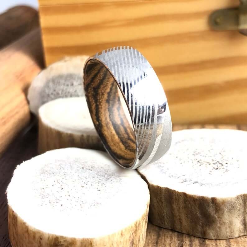 Damascus Steel Wood Wedding Ring