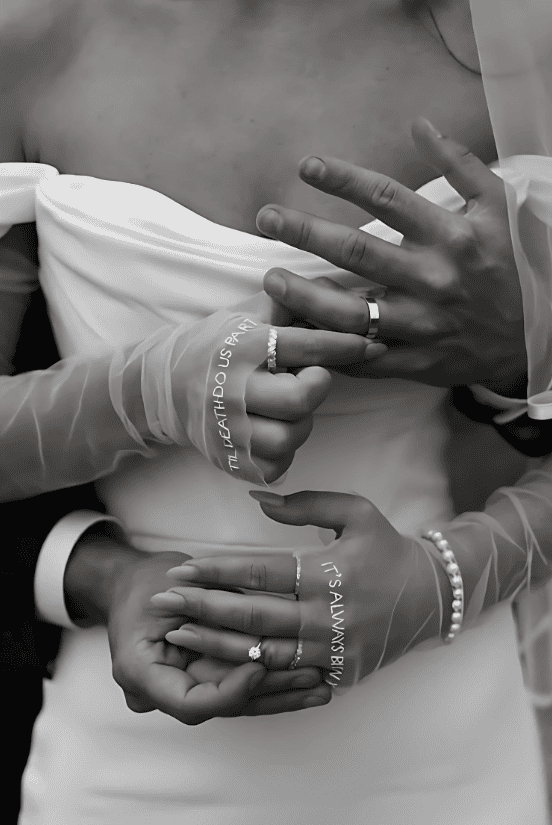 Groom and Bride wearing each other Wedding Rings