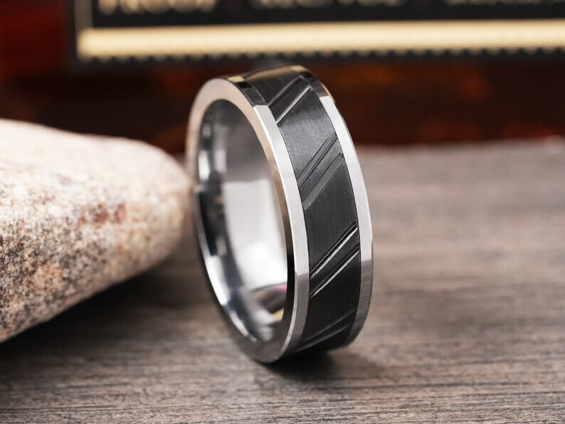 Grooved Black Rhodium Plated Tungsten Wedding Band