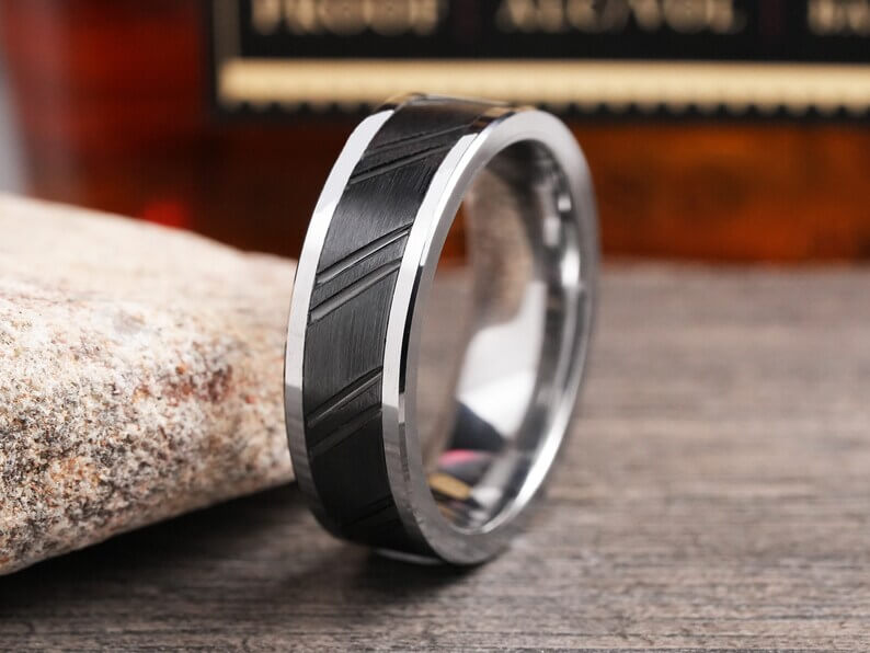 Grooved Black Rhodium Tungsten Wedding Band