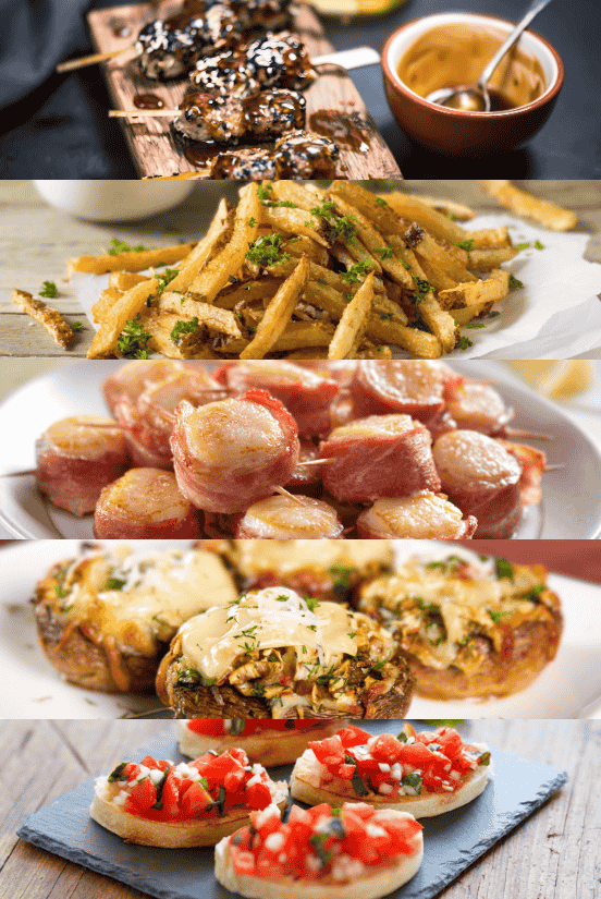 Mini Caprese Skewers, Truffle Fries, Bacon-Wrapped Scallops, Stuffed Mushrooms and Bruschetta Bar.