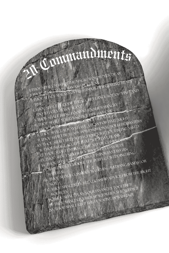 Stone tablet listing 20 humorous marriage commandments.