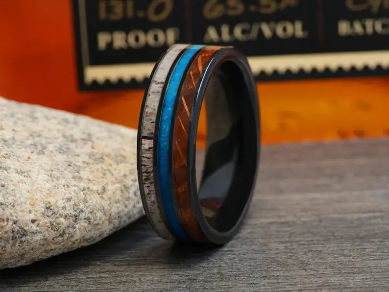 The Antler Whiskey Barrel Wood Wedding Band