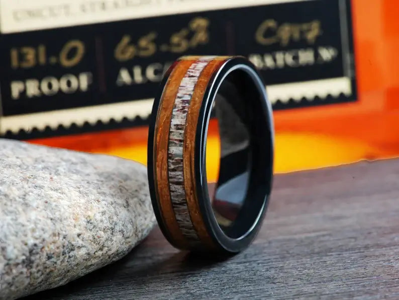 The Apex Whiskey Wood Antler Wedding Band