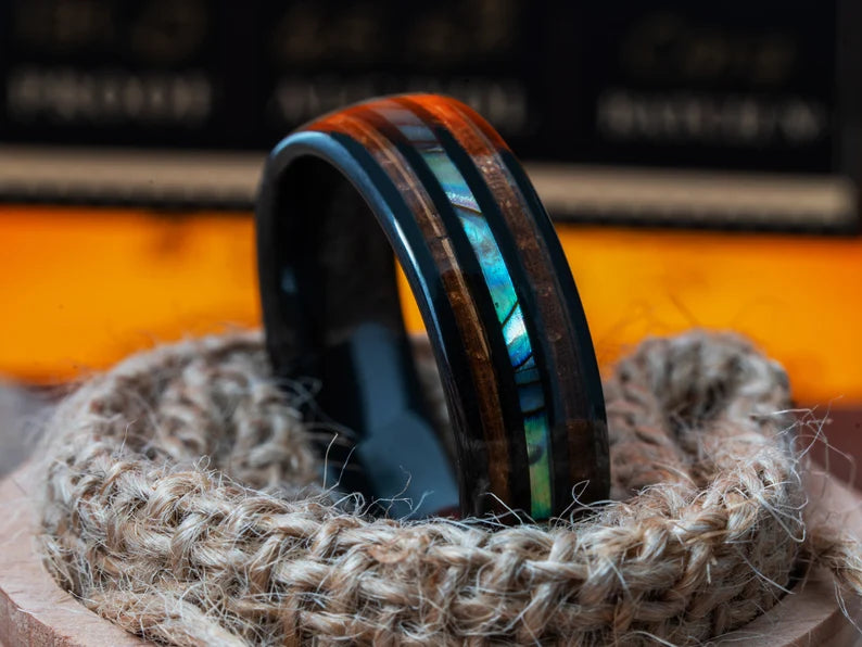 The Connector Seashell Inlay Whiskey Barrel Wood Ring