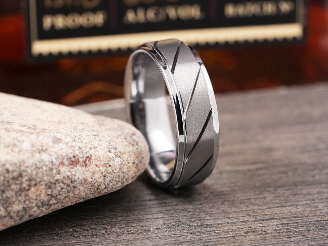 The Rotor Brushed Grooved Tungsten Carbide Wedding Band