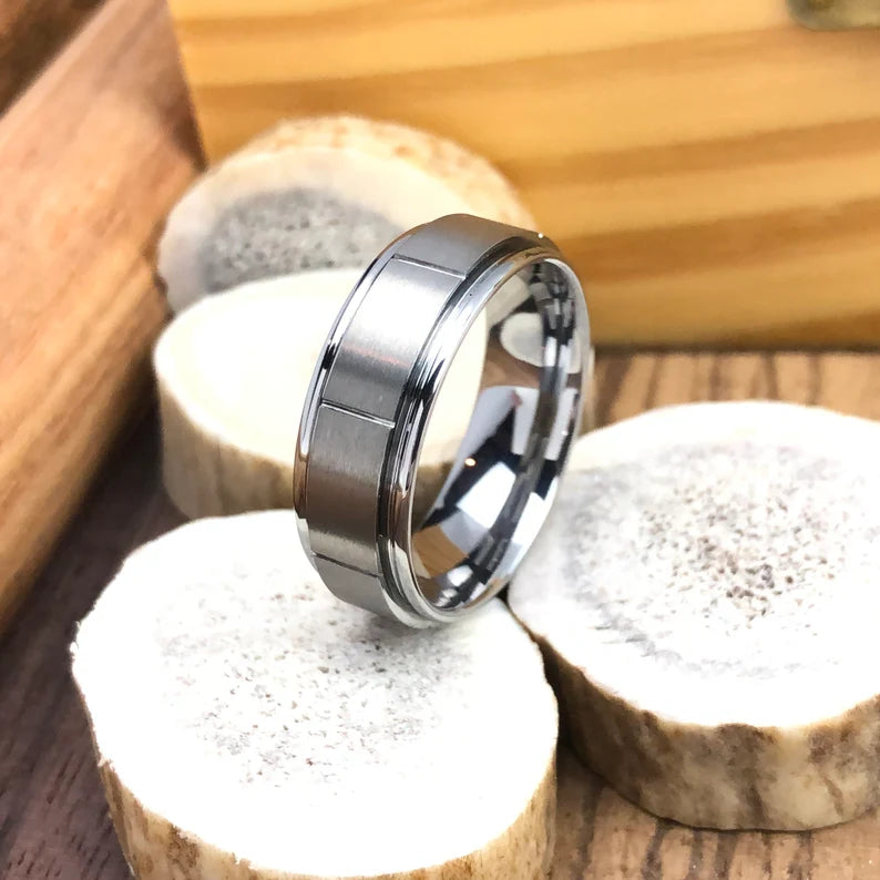 The Step Up tungsten wedding band