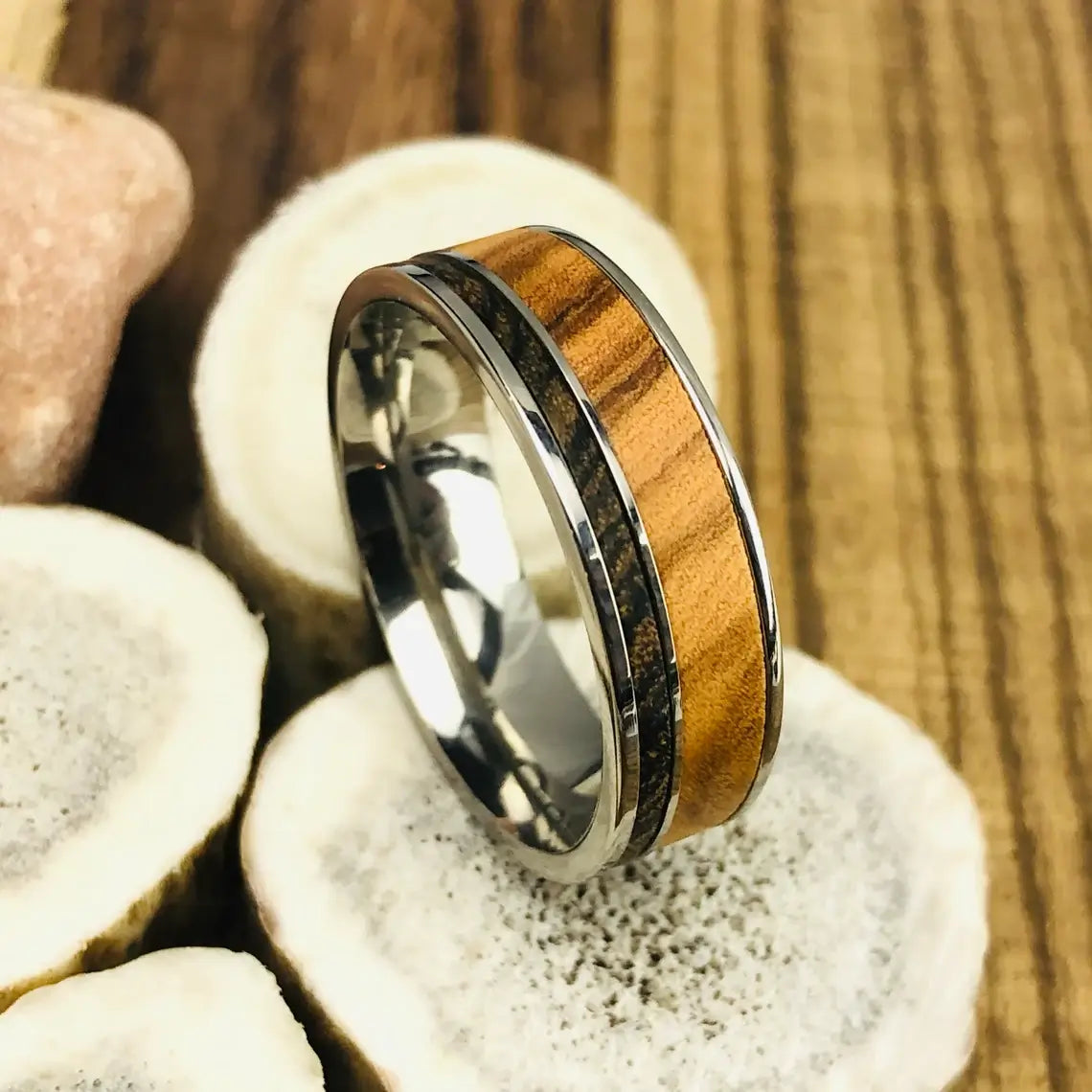 Titanium Bacote Olive Wood Wedding Band