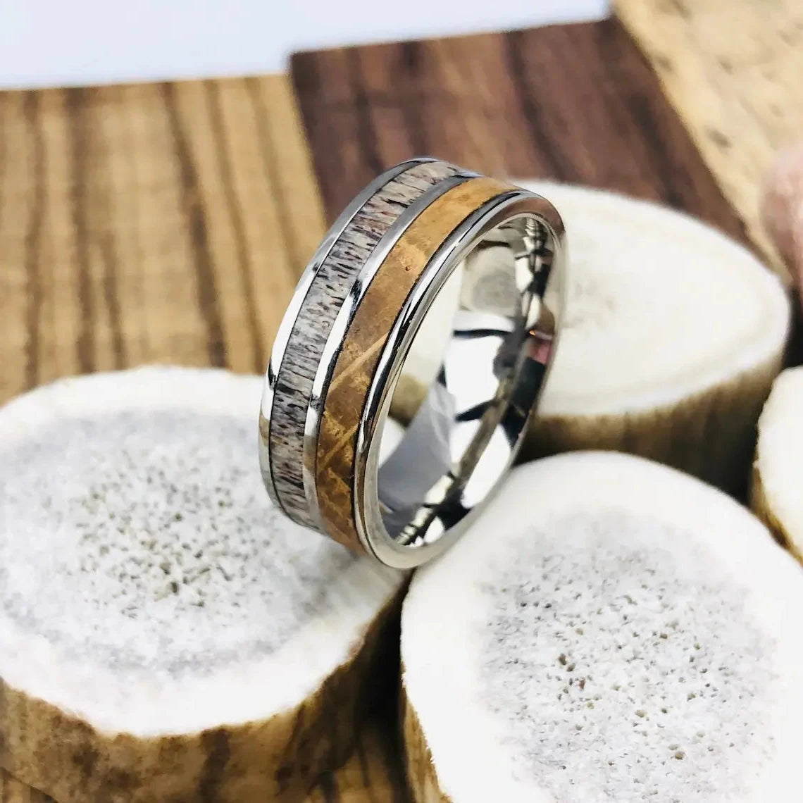 Titanium Deer Antler Wood Wedding Band