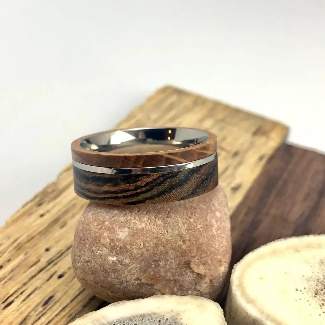 Titanium Whiskey Barrel Bacote Wood Wedding Band