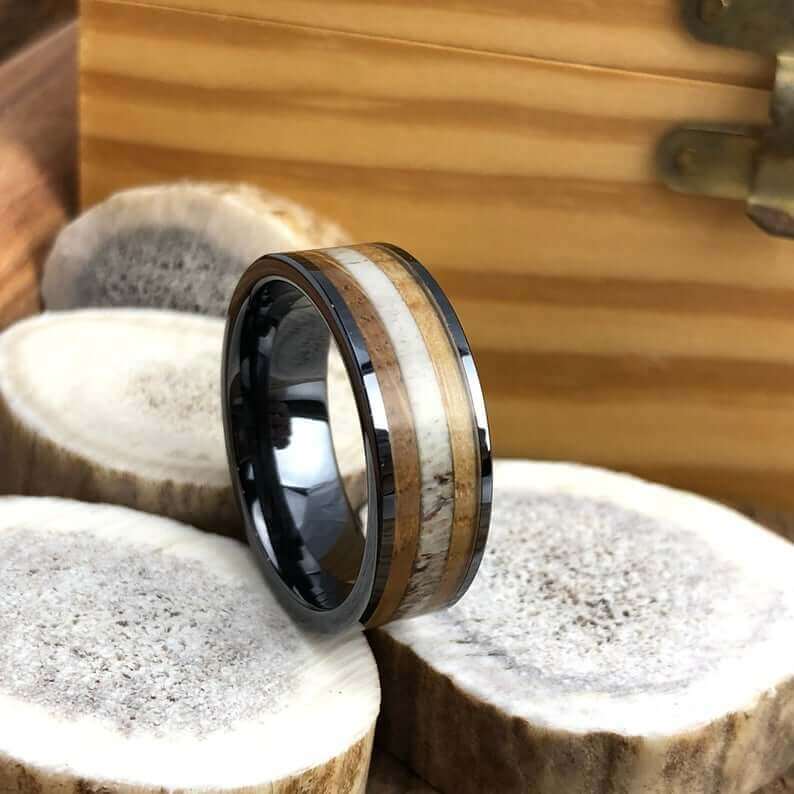 Whiskey Barrel Antler Wedding Band