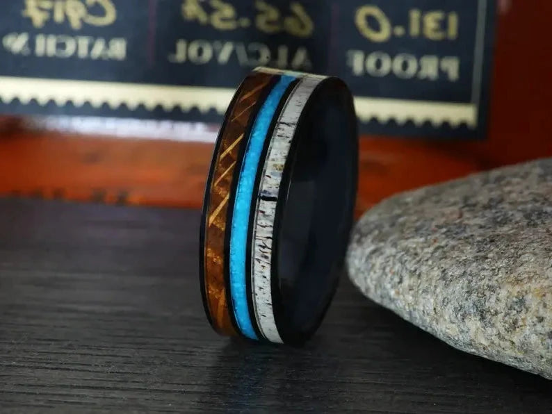 Whiskey Barrel Wood Turquoise Antler Wedding Band